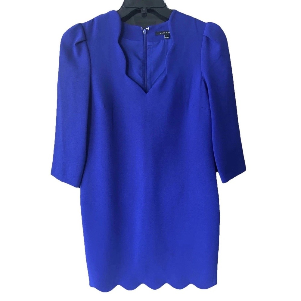 Alex Marie Purple Blue Dress 4 Scallop V Neck Scalloped Hem Lined Long Sleeve